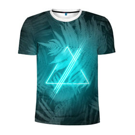Мужская футболка 3D спортивная с принтом Neon light blue в Кировске, 100% полиэстер с улучшенными характеристиками | приталенный силуэт, круглая горловина, широкие плечи, сужается к линии бедра | Тематика изображения на принте: неон | папоротник | треугольник