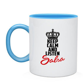 Кружка двухцветная с принтом Keep calm and listen Salsa в Кировске, керамика | объем — 330 мл, диаметр — 80 мм. Цветная ручка и кайма сверху, в некоторых цветах — вся внутренняя часть | 