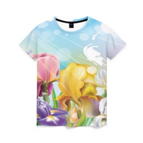 Женская футболка 3D с принтом Весна в Кировске, 100% полиэфир ( синтетическое хлопкоподобное полотно) | прямой крой, круглый вырез горловины, длина до линии бедер | flower | spring | бабочки | весна | лилия | небо | природа | солнце | цветы