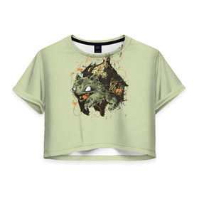 Женская футболка 3D укороченная с принтом Бульбазавр в Кировске, 100% полиэстер | круглая горловина, длина футболки до линии талии, рукава с отворотами | pocket monster | pokemon | аниме | изба | избушка | кичум | пикачу | эш