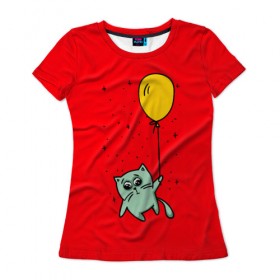 Женская футболка 3D с принтом Котик на шарике в Кировске, 100% полиэфир ( синтетическое хлопкоподобное полотно) | прямой крой, круглый вырез горловины, длина до линии бедер | cat | домашние любимцы | животные | котики | котэ | котята | любовь | милые | шарик