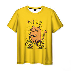 Мужская футболка 3D с принтом Be Happy,cat в Кировске, 100% полиэфир | прямой крой, круглый вырез горловины, длина до линии бедер | Тематика изображения на принте: cat | домашние любимцы | животные | котики | котэ | котята | любовь | милые