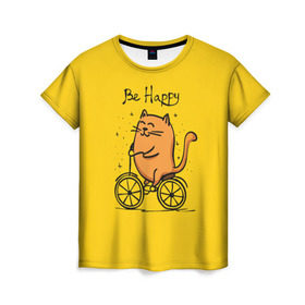 Женская футболка 3D с принтом Be Happy,cat в Кировске, 100% полиэфир ( синтетическое хлопкоподобное полотно) | прямой крой, круглый вырез горловины, длина до линии бедер | cat | домашние любимцы | животные | котики | котэ | котята | любовь | милые