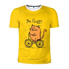 Мужская футболка 3D спортивная с принтом Be Happy,cat в Кировске, 100% полиэстер с улучшенными характеристиками | приталенный силуэт, круглая горловина, широкие плечи, сужается к линии бедра | cat | домашние любимцы | животные | котики | котэ | котята | любовь | милые