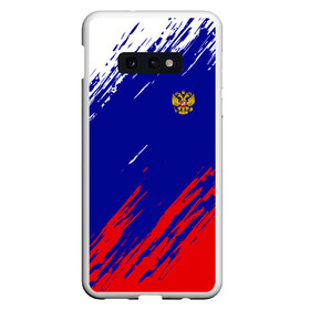 Чехол для Samsung S10E с принтом RUSSIA SPORT РОССИЯ СПОРТ в Кировске, Силикон | Область печати: задняя сторона чехла, без боковых панелей | Тематика изображения на принте: russia | белый | болельщик | герб | двуглавый орел | корона | красный | лошадь | модные | надписи | орел | патриот | россия | синий | спорт | спортивные | триколор | униформа | фанат | цвет