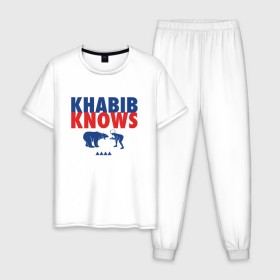Мужская пижама хлопок с принтом Khabib Knows в Кировске, 100% хлопок | брюки и футболка прямого кроя, без карманов, на брюках мягкая резинка на поясе и по низу штанин
 | 