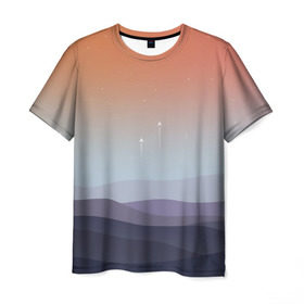 Мужская футболка 3D с принтом Безмятежность в Кировске, 100% полиэфир | прямой крой, круглый вырез горловины, длина до линии бедер | landscape | stars | барханы | взлёт | звёзды | космос | небо | пейзаж | пески | полёт | пустыня | ракета