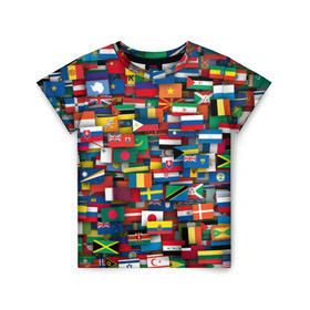 Детская футболка 3D с принтом Флаги всех стран в Кировске, 100% гипоаллергенный полиэфир | прямой крой, круглый вырез горловины, длина до линии бедер, чуть спущенное плечо, ткань немного тянется | Тематика изображения на принте: интернационал | мир | паттерн | флаг