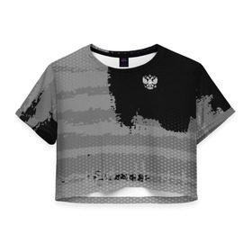 Женская футболка 3D укороченная с принтом Russia Sport collection Gray в Кировске, 100% полиэстер | круглая горловина, длина футболки до линии талии, рукава с отворотами | abstraction | grunge | russia | sport | абстракция | герб | краска | русский | символика рф | спорт | спортивный | триколор | униформа | форма | я русский