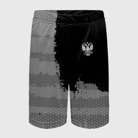 Детские спортивные шорты 3D с принтом Russia Sport collection Gray в Кировске,  100% полиэстер
 | пояс оформлен широкой мягкой резинкой, ткань тянется
 | abstraction | grunge | russia | sport | абстракция | герб | краска | русский | символика рф | спорт | спортивный | триколор | униформа | форма | я русский