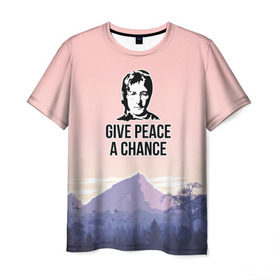 Мужская футболка 3D с принтом Give Peace a Chance в Кировске, 100% полиэфир | прямой крой, круглый вырез горловины, длина до линии бедер | битлз | горы | джон леннон | ленон | мир | песня | цитаты | шанс