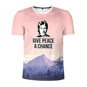 Мужская футболка 3D спортивная с принтом Give Peace a Chance в Кировске, 100% полиэстер с улучшенными характеристиками | приталенный силуэт, круглая горловина, широкие плечи, сужается к линии бедра | битлз | горы | джон леннон | ленон | мир | песня | цитаты | шанс