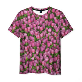 Мужская футболка 3D с принтом Розовые тюльпаны в Кировске, 100% полиэфир | прямой крой, круглый вырез горловины, длина до линии бедер | 