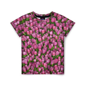 Детская футболка 3D с принтом Розовые тюльпаны в Кировске, 100% гипоаллергенный полиэфир | прямой крой, круглый вырез горловины, длина до линии бедер, чуть спущенное плечо, ткань немного тянется | 