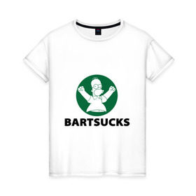 Женская футболка хлопок с принтом Bartsucks в Кировске, 100% хлопок | прямой крой, круглый вырез горловины, длина до линии бедер, слегка спущенное плечо | bart | homer | simpsons | барт | гомер | старбакс
