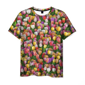 Мужская футболка 3D с принтом Разноцветные тюльпаны в Кировске, 100% полиэфир | прямой крой, круглый вырез горловины, длина до линии бедер | 8 марта | tulip | белый | букет | желтый | зеленый | красный | паттерн | розовый | тюльпан | тюльпанчики | цветок | цветочки | цветы