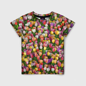 Детская футболка 3D с принтом Разноцветные тюльпаны в Кировске, 100% гипоаллергенный полиэфир | прямой крой, круглый вырез горловины, длина до линии бедер, чуть спущенное плечо, ткань немного тянется | 8 марта | tulip | белый | букет | желтый | зеленый | красный | паттерн | розовый | тюльпан | тюльпанчики | цветок | цветочки | цветы