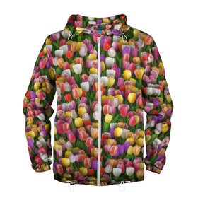 Мужская ветровка 3D с принтом Разноцветные тюльпаны в Кировске, 100% полиэстер | подол и капюшон оформлены резинкой с фиксаторами, два кармана без застежек по бокам, один потайной карман на груди | 8 марта | tulip | белый | букет | желтый | зеленый | красный | паттерн | розовый | тюльпан | тюльпанчики | цветок | цветочки | цветы