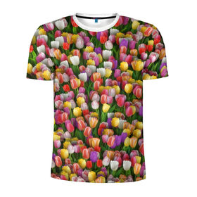 Мужская футболка 3D спортивная с принтом Разноцветные тюльпаны в Кировске, 100% полиэстер с улучшенными характеристиками | приталенный силуэт, круглая горловина, широкие плечи, сужается к линии бедра | 8 марта | tulip | белый | букет | желтый | зеленый | красный | паттерн | розовый | тюльпан | тюльпанчики | цветок | цветочки | цветы