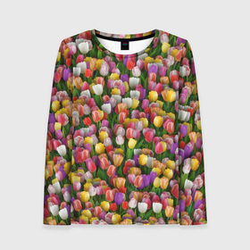Женский лонгслив 3D с принтом Разноцветные тюльпаны в Кировске, 100% полиэстер | длинные рукава, круглый вырез горловины, полуприлегающий силуэт | 8 марта | tulip | белый | букет | желтый | зеленый | красный | паттерн | розовый | тюльпан | тюльпанчики | цветок | цветочки | цветы