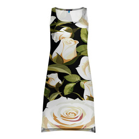 Платье-майка 3D с принтом Белые розы в Кировске, 100% полиэстер | полуприлегающий силуэт, широкие бретели, круглый вырез горловины, удлиненный подол сзади. | flower | pattern | spring | букет | весна | паттерн | праздник | розы | цветочный | цветы