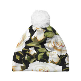 Шапка 3D c помпоном с принтом Белые розы в Кировске, 100% полиэстер | универсальный размер, печать по всей поверхности изделия | flower | pattern | spring | букет | весна | паттерн | праздник | розы | цветочный | цветы