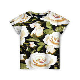 Детская футболка 3D с принтом Белые розы в Кировске, 100% гипоаллергенный полиэфир | прямой крой, круглый вырез горловины, длина до линии бедер, чуть спущенное плечо, ткань немного тянется | flower | pattern | spring | букет | весна | паттерн | праздник | розы | цветочный | цветы