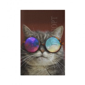 Обложка для паспорта матовая кожа с принтом котейки в Кировске, натуральная матовая кожа | размер 19,3 х 13,7 см; прозрачные пластиковые крепления | Тематика изображения на принте: cat | взгляд | космос | кот | котик | очки