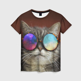 Женская футболка 3D с принтом котейки в Кировске, 100% полиэфир ( синтетическое хлопкоподобное полотно) | прямой крой, круглый вырез горловины, длина до линии бедер | Тематика изображения на принте: cat | взгляд | космос | кот | котик | очки