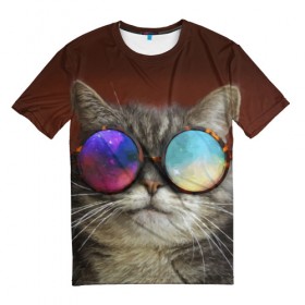 Мужская футболка 3D с принтом котейки в Кировске, 100% полиэфир | прямой крой, круглый вырез горловины, длина до линии бедер | cat | взгляд | космос | кот | котик | очки