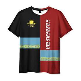 Мужская футболка 3D с принтом Kazakhstan в Кировске, 100% полиэфир | прямой крой, круглый вырез горловины, длина до линии бедер | kaz | kazakhstan | kz | астана | герб | знак | казах | казахский | казахстан | казахстанцы | казашка | надпись | патриот | полосы | республика | символ | страна | флаг | флага | цвета