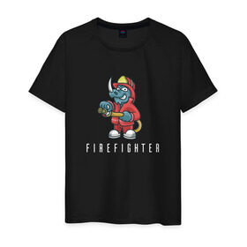 Мужская футболка хлопок с принтом Пожарный в Кировске, 100% хлопок | прямой крой, круглый вырез горловины, длина до линии бедер, слегка спущенное плечо. | fire | firefighter | борец с огнем | для пожарных | носорог | огонь | пожар | пожарник | пожарный
