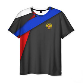 Мужская футболка 3D с принтом RUSSIA SPORT в Кировске, 100% полиэфир | прямой крой, круглый вырез горловины, длина до линии бедер | russia | sport | белый | герб | двуглавый орел | красный | патриот | россия | синий | спорт | спортивные | триколор | униформа