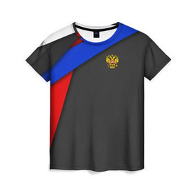 Женская футболка 3D с принтом RUSSIA SPORT в Кировске, 100% полиэфир ( синтетическое хлопкоподобное полотно) | прямой крой, круглый вырез горловины, длина до линии бедер | russia | sport | белый | герб | двуглавый орел | красный | патриот | россия | синий | спорт | спортивные | триколор | униформа