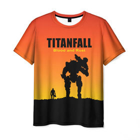 Мужская футболка 3D с принтом Titanfall 2 в Кировске, 100% полиэфир | прямой крой, круглый вырез горловины, длина до линии бедер | Тематика изображения на принте: blood and rust | game | воин | закат | игра | кровь и ржавчина | робот