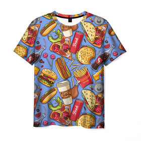 Мужская футболка 3D с принтом Fastfood в Кировске, 100% полиэфир | прямой крой, круглый вырез горловины, длина до линии бедер | chicken | coffee | cola | drink | dunts | eat | fastfood | frenchfires | hotdog | lollypop | pizza | sweets | бургер | еда | кола | кофе | лимонад | напитки | пицца | пончик | фастфуд | хотдог