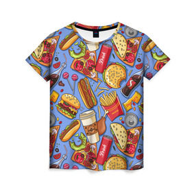 Женская футболка 3D с принтом Fastfood в Кировске, 100% полиэфир ( синтетическое хлопкоподобное полотно) | прямой крой, круглый вырез горловины, длина до линии бедер | chicken | coffee | cola | drink | dunts | eat | fastfood | frenchfires | hotdog | lollypop | pizza | sweets | бургер | еда | кола | кофе | лимонад | напитки | пицца | пончик | фастфуд | хотдог