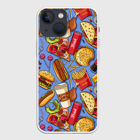 Чехол для iPhone 13 mini с принтом Fastfood в Кировске,  |  | chicken | coffee | cola | drink | dunts | eat | fastfood | frenchfires | hotdog | lollypop | pizza | sweets | бургер | еда | кола | кофе | лимонад | напитки | пицца | пончик | фастфуд | хотдог