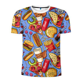 Мужская футболка 3D спортивная с принтом Fastfood в Кировске, 100% полиэстер с улучшенными характеристиками | приталенный силуэт, круглая горловина, широкие плечи, сужается к линии бедра | chicken | coffee | cola | drink | dunts | eat | fastfood | frenchfires | hotdog | lollypop | pizza | sweets | бургер | еда | кола | кофе | лимонад | напитки | пицца | пончик | фастфуд | хотдог