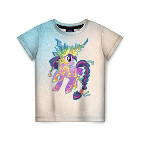 Детская футболка 3D с принтом My Little Pony в Кировске, 100% гипоаллергенный полиэфир | прямой крой, круглый вырез горловины, длина до линии бедер, чуть спущенное плечо, ткань немного тянется | комедия | маленький | мой | музыка | мультфильм | мюзикл | пони | приключения | сказка | фэнтези