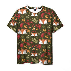 Мужская футболка 3D с принтом Лисоньки в лесу в Кировске, 100% полиэфир | прямой крой, круглый вырез горловины, длина до линии бедер | Тематика изображения на принте: лиса | лисичка | лисоньки | лисы | паттерн