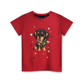 Детская футболка хлопок с принтом Такса с розой в Кировске, 100% хлопок | круглый вырез горловины, полуприлегающий силуэт, длина до линии бедер | dog | doggy | животные | пес | роза | сердечко | сердце | собака | собачка | такса | цветок | цветы