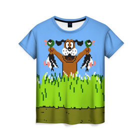 Женская футболка 3D с принтом Duck Hunt в Кировске, 100% полиэфир ( синтетическое хлопкоподобное полотно) | прямой крой, круглый вырез горловины, длина до линии бедер | 8 bit | 8 бит | dendy | dog | duck | hunt | nes | nintendo | oldschool | pixel art | денди | игра | нинтендо | охота | собака