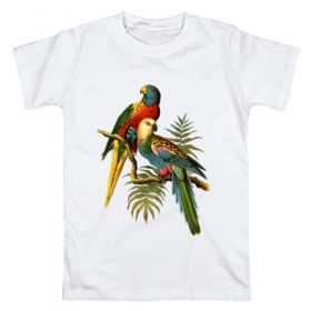 Мужская футболка хлопок с принтом Попугаи в Кировске, 100% хлопок | прямой крой, круглый вырез горловины, длина до линии бедер, слегка спущенное плечо. | ветки | винтаж | листья | пальмы | перья | попугаи | птицы