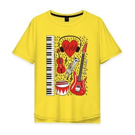Мужская футболка хлопок Oversize с принтом Музыкальное сердце в Кировске, 100% хлопок | свободный крой, круглый ворот, “спинка” длиннее передней части | ансамбль | гитара | клавиши | музыка | музыкальные инструменты | ноты | скрипка | три цвета | труба | флейта | фортепиано