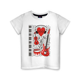 Детская футболка хлопок с принтом Музыкальное сердце в Кировске, 100% хлопок | круглый вырез горловины, полуприлегающий силуэт, длина до линии бедер | ансамбль | гитара | клавиши | музыка | музыкальные инструменты | ноты | скрипка | три цвета | труба | флейта | фортепиано
