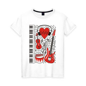 Женская футболка хлопок с принтом Музыкальное сердце в Кировске, 100% хлопок | прямой крой, круглый вырез горловины, длина до линии бедер, слегка спущенное плечо | ансамбль | гитара | клавиши | музыка | музыкальные инструменты | ноты | скрипка | три цвета | труба | флейта | фортепиано