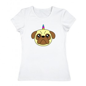Женская футболка хлопок с принтом Мопс единорог в Кировске, 100% хлопок | прямой крой, круглый вырез горловины, длина до линии бедер, слегка спущенное плечо | единорог | мопс | радуга | рог | собака | щенок