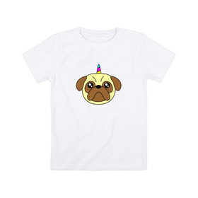 Детская футболка хлопок с принтом Мопс единорог в Кировске, 100% хлопок | круглый вырез горловины, полуприлегающий силуэт, длина до линии бедер | Тематика изображения на принте: единорог | мопс | радуга | рог | собака | щенок