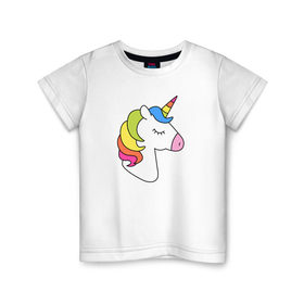 Детская футболка хлопок с принтом Единорог радуга в Кировске, 100% хлопок | круглый вырез горловины, полуприлегающий силуэт, длина до линии бедер | лошадь | радужный